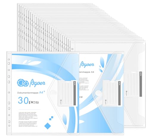 Agoer 30 Stück A4 Dokumententasche zum Abheften [Breite Größe] Dokumentenmappe Transparente mit 11 Löchern,Klettverschluss & Etikettentaschen,Kunststoff Dokumentenhüllen für Dokumente Organisiere von Agoer