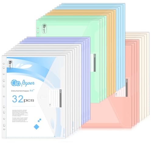 Agoer 32 Stück Dokumententasche A4 zum Abheften,[Breitere Größen] 7 Pastell Farben Dokumentenmappe mit 11 Binderlöcher,Klettverschluss,Etikettentasche,DIN A4 Transparente Umschlagmappe Organisier von Agoer
