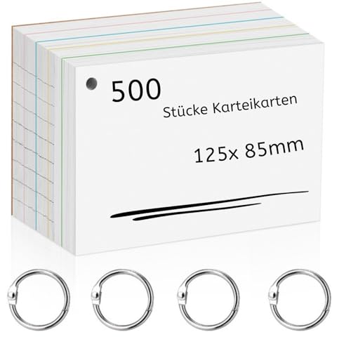Agoer 500 Stücke Karteikarten，Doppelseitiger Druck Liniert Karteikarten（125 x 85mm）mit Krafteinband und Loseblattring Lernkarten Weiß Revisionskarten Vokabelkarten für Unterwegs Vokabel Lernen von Agoer