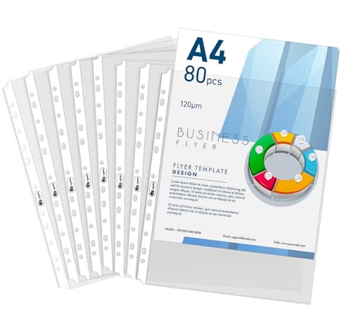 Agoer 80 Stück DIN A4 Klarsichthüllen 120my, Prospekthüllen Extra Stark, Glasklar Klarsichtfolien Stabil Zur Aufbewahrung für Papier, Fotos, Dokumenten | 0,06mm auf Einer Seite von Agoer