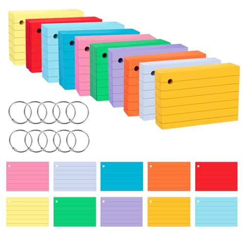 Agoer 800 Stück Karteikarten A8 Liniert, 10 Farben Vokabelkarten Bunt - Beidseitig Liniert Flashcards mit Ring für Studienaufzeichnung, Unterwegs, Vokabel Lernen von Agoer