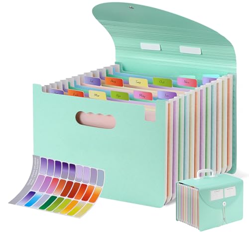 Agoer A4 Dokumentenmappe 13 Fächer Erweiterbaren,Weizenstroh Akkordeonmappe mit Griff,Deckel,Etikette,Tragbarer Sortiermappe Bunte Datei Ordner Organizer,BPA-frei Dokumententasche für Schule Büro von Agoer