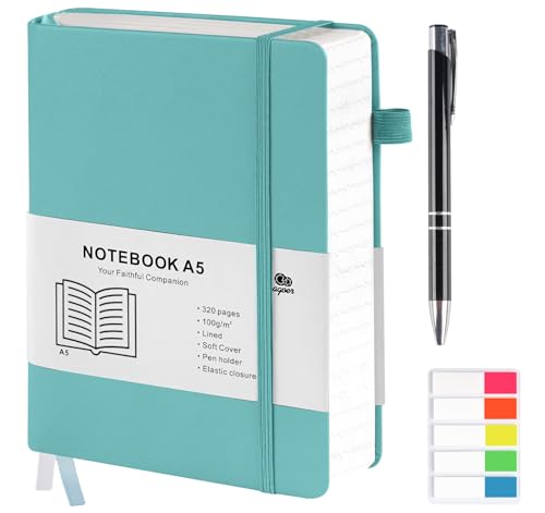 Agoer A5 Blaues Notizbuch,Hardcover-Notizbuch mit elastischem Verschluss,100 gsm Durchgestrichenes mit 320 nummerierten Seiten,Bullet Journal mit Stift und Haftnotizen für Büro,Schule Hellblau von Agoer