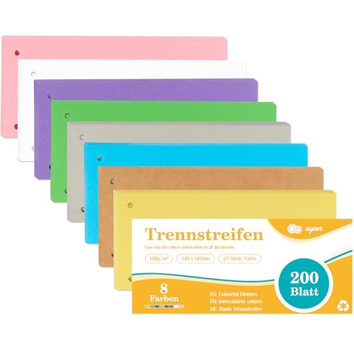 Agoer Dividers for A4 Folders, Pack of 200, 8 Colours, Folder Dividers, Colourful, 180 g/m², Printable Cardboard, Folder Dividers for Sorting, Index of Documents, 24 x 10.5 cm Agoer Dividers for A4 Folders, Pack of 200, 8 Colours, Folder Dividers, Colourful, 180 g/m², Printable Cardboard, Folder Dividers for Sorting, Index of Documents, 24 x 10.5 cm von Agoer