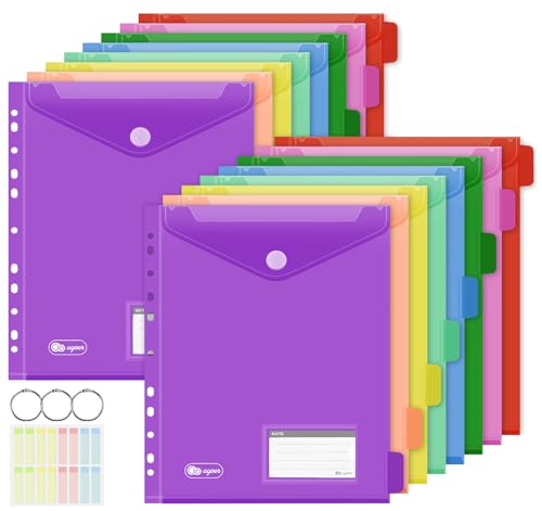 Agoer Dokumentenmappe A4 mit Index,16er [Öffnung Oben] Dokumententasche A4 zum Abheften,8 Bunt Dokumentenhüllen mit 11 Lochrand,Klettverschluss,Etikettentasche,Sammelmappe für Schule,Zuhause,Büro von Agoer