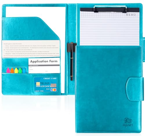 Agoer Dokumentenmappe aus Leder, A4, Premium-Portfolio mit Magnetverschluss, multifunktional, mit Clip und Papier, mit Stift und Eingabestift, Konferenzmappe für Meetings, Büro, Schule – Paoblau von Agoer