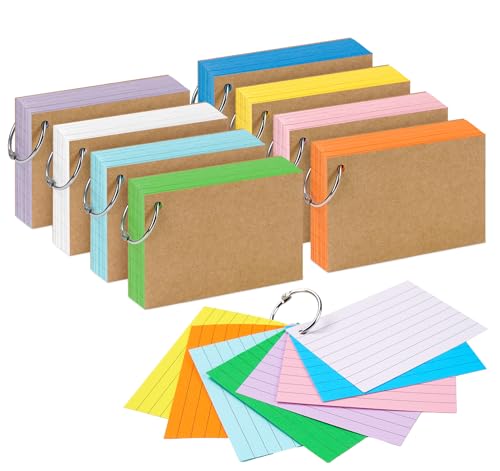 Agoer 800 Stück Karteikarten A7, 8 Farben Lernkarten Beidseitig Liniert Groß, 180g/m² Vokabelkarten Bunt Flashcards mit 10 Metall-Ringen für Studienaufzeichnung, Unterwegs, Vokabel Lernen von Agoer