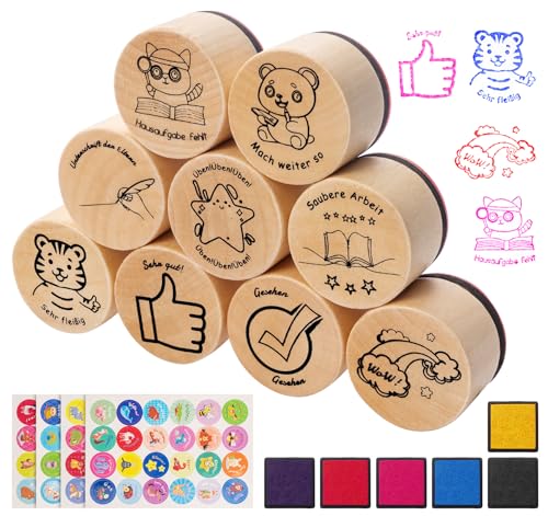 Agoer Motivationsstempel,9 Stück Deutsch Grundschule Stempel Lehrer Mit Belohnungssticker,6 Farben Stempelkissen Klein,Tiere Stempel Geschenk für Lehrertag Motivation,Lob Schüler Holzstempel Rund von Agoer