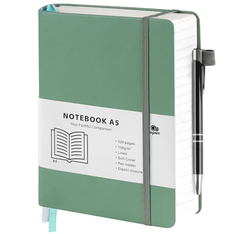 Agoer Notizbuch A5 Liniert, Hardcover Lined Notizbücher, 320 Nummerierte Seiten Dickes Business Tagebuch, 100g/m² Journal Notizbuch mit Kugelschreiber und Haftnotizen, für Büro, Schule (Grün) von Agoer