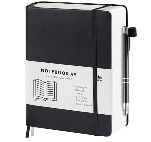 Agoer Notizbuch A5 Liniert, Hardcover Lined Notizbücher, 320 Nummerierte Seiten Dickes Business Tagebuch, 100g/m² Journal Notizbuch mit Kugelschreiber und Haftnotizen, für Büro, Schule von Agoer