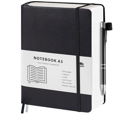 Agoer Notizbuch A5 Liniert, Hardcover Lined Notizbücher, 320 Nummerierte Seiten Dickes Business Tagebuch, 100g/m² Journal Notizbuch mit Kugelschreiber und Haftnotizen, für Büro, Schule (Schwarz) von Agoer