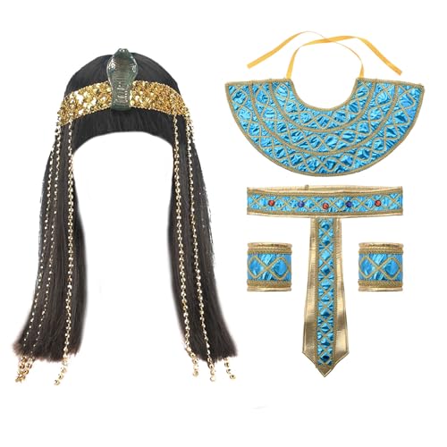 Agoky Ägyptische Kleopatra Cosplay Set Kleopatra Perücke mit Kunststoffperlen Halskragen Armbänder Taillengürtel Kleopatra Pharao Kostüm Halloween Party Blau One Size Agoky Ägyptische Kleopatra Cosplay Set Kleopatra Perücke mit Kunststoffperlen Halskragen Armbänder Taillengürtel Kleopatra Pharao Kostüm Halloween Party Blau One Size von Agoky