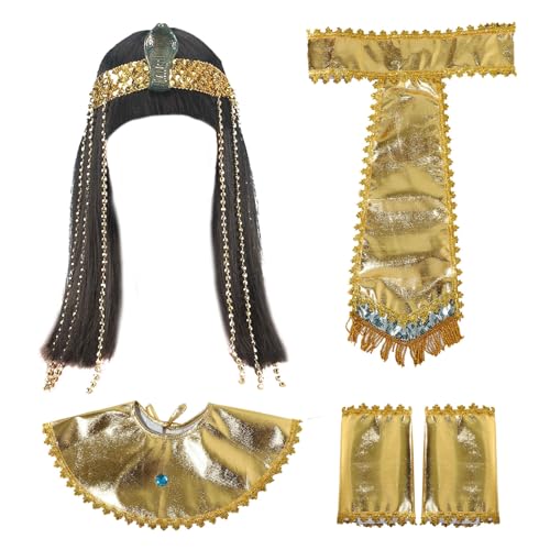 Agoky Ägyptische Kleopatra Cosplay Set Kleopatra Perücke mit Kunststoffperlen Halskragen Armbänder Taillengürtel Kleopatra Pharao Kostüm Halloween Party Gold B One Size Agoky Ägyptische Kleopatra Cosplay Set Kleopatra Perücke mit Kunststoffperlen Halskragen Armbänder Taillengürtel Kleopatra Pharao Kostüm Halloween Party Gold B One Size von Agoky