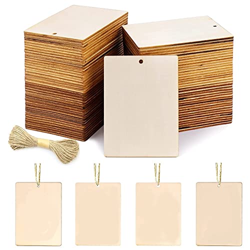 Agwuoetr 45 Stück Leere Holzanhänger, Holzquadrate, Lesezeichen, 8,9 X 6,3 Cm, zum Basteln, mit Löchern und 42,65 Fuß Schnur für Weihnachtsgeschenkanhänger von Agwuoetr