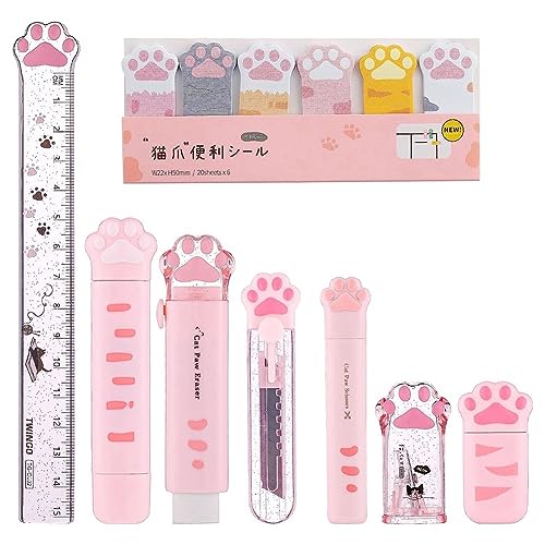 Agwuoetr 8-Teiliges Süßes Katzenpfoten-Briefpapier-Set, Kawaii-Schulbedarf, Einschließlich Bleistiftspitzer, Einziehbarer Radiergummi, Wiederverwendbar (Rosa) von Agwuoetr