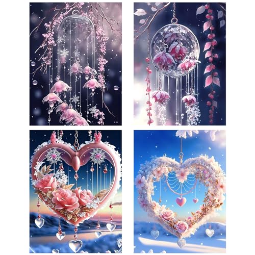 AhCor 4 Stück Herzförmig Diamond Painting Traumfänger DIY Diamond Painting ​PVC Rosen Diamant painting Bilder Geeignet zur Dekoration von Wohnzimmer und Schlafzimmer(30X40cm) von WRIOL