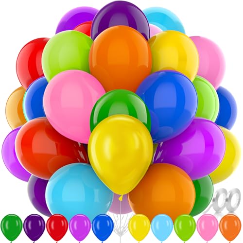 AhfuLife 100 Pack Regenbogen Party Ballon, 12 Zoll mehrfarbige LatexBallon mit 2 Rollen Ballonband, heller Farbballon für Geburtstag Hochzeit Graduation Dekorationen (Vielfarbig) von AhfuLife