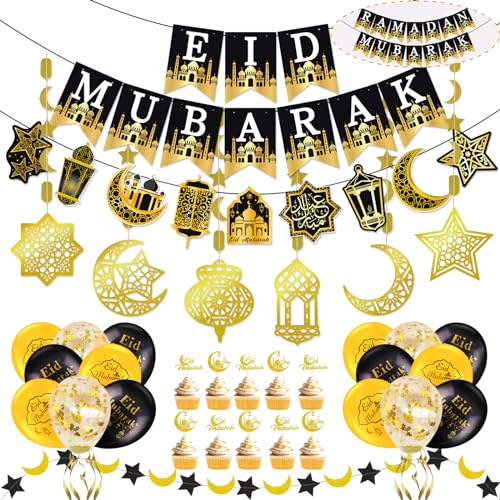AhfuLife Eid Mubarak Dekoration, Ramadan Deko, Vormontiert Eid Mubarak Ramadan Banner, 6 Stk Islamic Stern Mond Laterne Girlande Spirale, 16 Eid Mubarak Luftballons, 10 Cake Topper für Eid Party Deko von AhfuLife