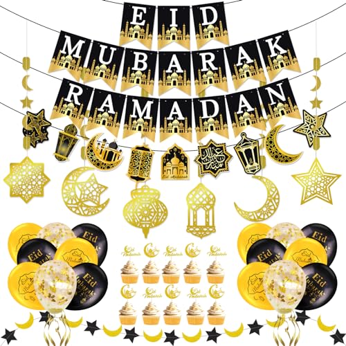 AhfuLife Eid Mubarak Dekoration, Ramadan Deko, Vormontiert Eid Mubarak Ramadan Banner, 6 Stk Islamic Stern Mond Laterne Girlande Spirale, 16 Eid Mubarak Luftballons, 10 Cake Topper für Eid Party Deko von AhfuLife