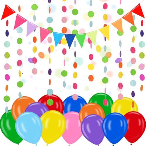 AhfuLife Fasching Party Dekoration Set, 12 Stück Mehrfarbige Wimpel Banner, 4 Pack Bunt Deko Runde Papier Girlande, 16 Stück Bunte Luftballons für Karneval Fasching Fasnacht (1 Set) von AhfuLife