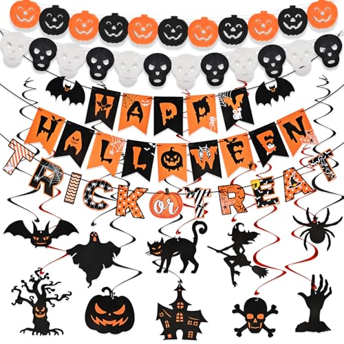 AhfuLife Halloween Deko Innen Set, Wiederverwendbare Halloween Party Deko Indoor - Happy Halloween Dekoration Girlande Kinder, Halloween Banner & Hängedeko, Halloween Deko für Gruse Party und Garten von AhfuLife