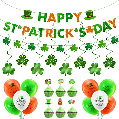 AhfuLife Happy St. Patrick's Day Wimpelkette, St. Patrick's Day Dekorationen Kleeblatt Zylinder Girlande Banner Hängende Wirbel Latex Ballon für Irische Party Dekor (St. Patrick's Day Dekorationen) von AhfuLife