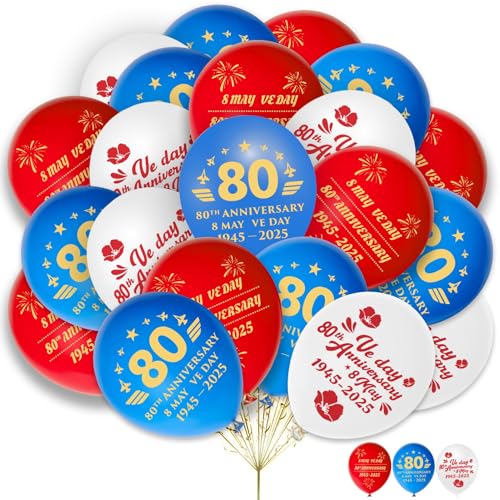 AhfuLife Luftballons zum 80. Hochzeitstag, 36 Stück, 30,5 cm, rote, weiße und blaue Latexballons für den Sieg in Europa, 80 Jahre Jubiläumsfeiern, Dekorationen, Erinnerungsstücke (36 Stück) von AhfuLife