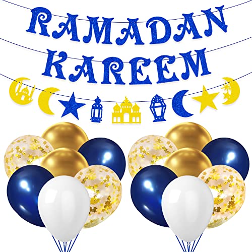 AhfuLife Ramadan Deko, Ramadan Kareem Dekoration Set - Vormontiert Ramadan Kareem Banner Stern Mond Ramadan Girlande mit 14 Stück Gold Blau und Weiß Luftballons für Ramadan Eid Umrah Mubarak PartyDeko von AhfuLife