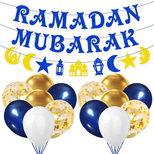 AhfuLife Ramadan Deko, Ramadan Mubarak Dekoration Set - Vormontiert Ramadan Mubarak Banner Stern Mond Ramadan Girlande mit 14 Stück Gold Blau Weiß Luftballons für Ramadan Kareem Eid Mubarak Party Deko von AhfuLife