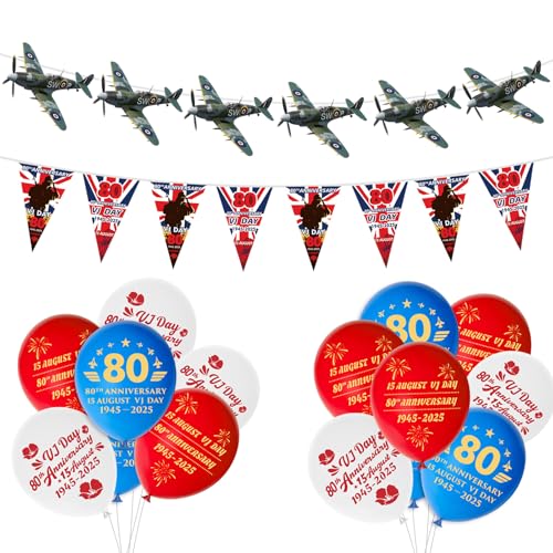AhfuLife VJ Day Papierbanner Set für 80. Jahrestag 2025 Dekorationen, 1 x Wimpelkette zum 15. August VJ Day, 1 x Spitfire Wimpelkette, 15 x VJ Day Ballons für 80 Jahre Sieg in Japan (VJ Day Set) von AhfuLife