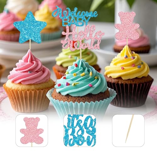 AhhiAboo 24 Stück Geburtstagstorten Einsatz Cupcake Dekorationen - Blau Rosa Geburtstag Cupcake Toppers Kuchen Glitter Einfügen - Mond Bär Baby Dusche Kuchen Topper Dekorationen für Jungen und Mädchen AhhiAboo 24 Stück Geburtstagstorten Einsatz Cupcake Dekorationen - Blau Rosa Geburtstag Cupcake Toppers Kuchen Glitter Einfügen - Mond Bär Baby Dusche Kuchen Topper Dekorationen für Jungen und Mädchen von AhhiAboo