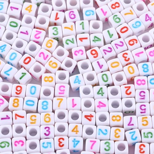 1000 Stück weiße quadratische Acryl-Zahlen-Buchstaben-Perlen 6 x 6 mm bunte Zahlen 0–9 Perlen für Schmuckherstellung und DIY Armbänder Halsketten Schlüsselanhänger von Ahouws