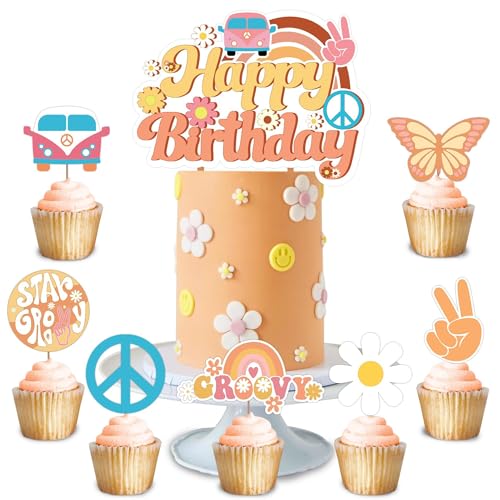 Ai-Fun Groovy Party-Dekoration, Baby-Geburtstagsparty, Cupcake-Topper, 25 Stück, zwei gerillte Kuchendekorationen, Cupcake, Hippie, Boho, Regenbogen-Dekorationen von Ai-Fun