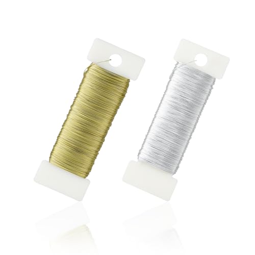 AiQInu 2 Rollen Basteldraht Dünn, Verzinkter Draht, 0,35mm x 50m Draht zum Basteln Basteldrähte Blumendraht Floristendraht Schmuckdraht WickeldrahtIdeal für DIY, Schmuck und Garten (Gold, Silber) von AiQInu