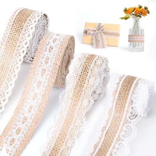 AiQInu 4 Rollen Juteband mit Spitze 2M, Spitzenband Jutestoff Dekoband, Vintage Jute Band Rolle mit Weisse Spitzen für DIY Handwerk Hochzeit Party Geschenkband AiQInu 4 Rollen Juteband mit Spitze 2M, Spitzenband Jutestoff Dekoband, Vintage Jute Band Rolle mit Weisse Spitzen für DIY Handwerk Hochzeit Party Geschenkband von AiQInu