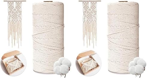AiQInu Makramee Garn 2mm x 200m, 100% Natürliche Baumwollgarn für Basteln, Wandbehang, Stricken, DIY, Dekoration Beige (Packung mit 2) von AiQInu