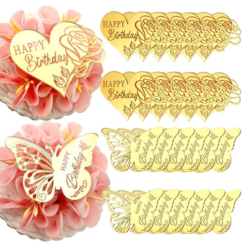 Happy Birthday Kuchendekorationen, 24 Stück Gold Spiegel Acryl Topper Rose Herz und Schmetterling Designs Happy Birthday Kuchendekorationen, 24 Stück Gold Spiegel Acryl Topper Rose Herz und Schmetterling Designs von AiQi Bakes
