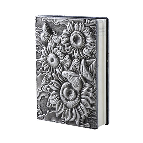 AiSi Retro A5 Notizbuch klassische europäische Vintage-Stil Tagebuch Journalbuch Notizheft Notebooks Reisetagebuch Buch 21.7 x 15 x 2cm A5 Sonnenblumen 3d Muster Silber von AiSi