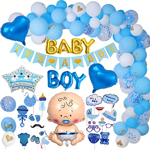 AiYoYo 55 Teile Babyparty Deko Junge Set Baby Shower für Jungs Baby Shower Dekoration Girlande - It's A Boy Girlande, Luftballons, Fotobox,Geschenk - Blau von AiYoYo