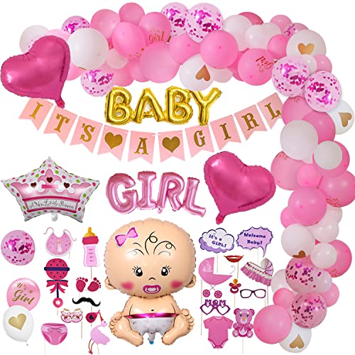 AiYoYo 55 Teile Babyparty Deko Mädchen Set Baby Shower für Mädchen Baby Shower Dekoration Girlande - It's A Girl Girlande, Luftballons, Fotobox,Geschenk - Rosa von AiYoYo