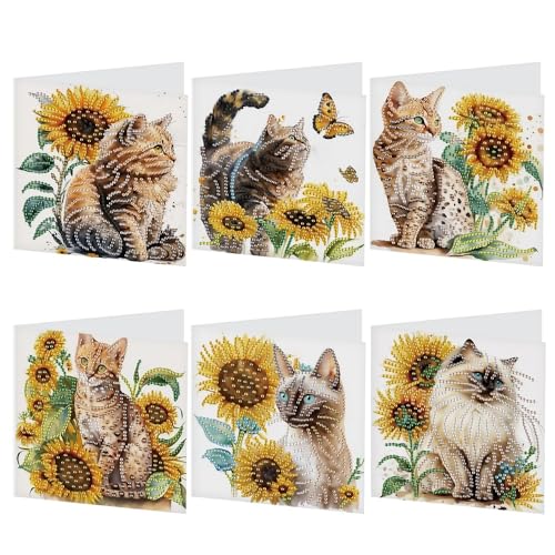 6 Pack 5D Diamond Painting Grußkarten mit Umschlägen, Lasereffekt DIY Katze & Sonnenblume Muster Diamant Kunst Grußkarten-Kits, Kristall Strass Postkarten für Geburtstag, Dankeschön und Geschenke von AiYuanzsh