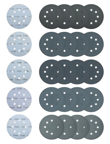 125mm Schleifscheiben für Polieren Körnung 1200/1500/2000/2500/3000, 40 Stück 5 Zoll Siliziumcarbid Nass-Trocken Schleifpapier 125mm Klett für Metall/Holz/Auto(8 Löchern) von Aicoimy