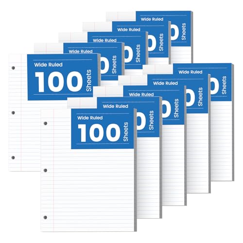 10 Stück Loseblatt-Papier, 8,5 x 11, 1000 Blatt liniertes Papier für 3-Ringbinder, breit liniertes Notizbuch, 3 Locher, Ordnerpapier, 100 Blatt/Packung Füllpapier für Büro, Schule und Zuhause von Aidunmis