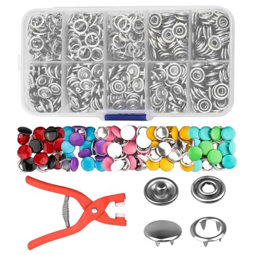 250 Sets Druckknopf Set mit Zange, 9.5 mm Hohle und Feste Metallknöpfe Druckknöpfe, Metall Druckknöpfe Ohne Nähen, Druckknopfzange Set für DIY Basteln Kinderbekleidung Kleidung Taschen Annähen (Bunt) von Aieoco