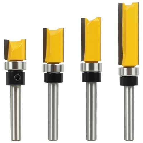 4-teiliges Bündigfräser-Bit-Set mit 1/4-Zoll-Schaft – Professionelle Qualität, gerade, bündig, Trimmwerkzeuge mit Lagerschablone für Holzbearbeitung, für Holz, Sperrholz, Spanplattenfräsen 4-teiliges Bündigfräser-Bit-Set mit 1/4-Zoll-Schaft – Professionelle Qualität, gerade, bündig, Trimmwerkzeuge mit Lagerschablone für Holzbearbeitung, für Holz, Sperrholz, Spanplattenfräsen von Aifrymne