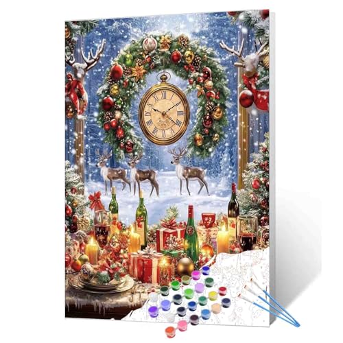 Aihonmin Malen nach Zahlen für Erwachsene, Anfänger, Rentier, Schneeszene, Ölgemälde-Set auf Leinwand mit Pinseln, Aquarell-Kranz, Malerei, Basteln, Wanddekoration, 40,6 x 50,8 cm (rahmenlos) von Aihonmin