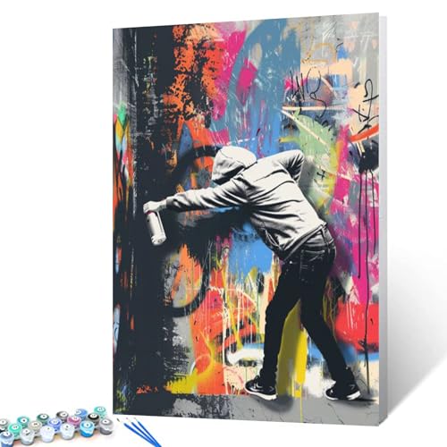 Malen nach Zahlen DIY Gemälde auf Leinwand, Banksy-Graffiti-Wand, klassische Straßenkunst hinter dem Vorhang, Juvenile Graffiti-Malerei mit Pinseln, Acryl, für Kinder und Erwachsene, Anfänger von Aihonmin