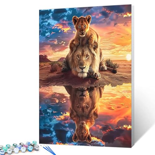 Malen nach Zahlen Kits für Erwachsene, DIY Reflexion von Tieren im Wasser, Acryl-Pigment, König der Prärie, Löwen, Ölgemälde für Anfänger Malen nach Zahlen Kits für Erwachsene, DIY Reflexion von Tieren im Wasser, Acryl-Pigment, König der Prärie, Löwen, Ölgemälde für Anfänger von Aihonmin