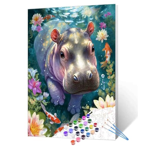 Malen-nach-Zahlen-Set für Erwachsene und Anfänger auf Leinwand, Motiv: niedliches Nilpferd, zum Selbermachen, Ölgemälde, Basteln, Acryl-Koi-Fisch, Wanddekoration, Geschenke, 40,6 x 50,8 cm (rahmenlos) von Aihonmin