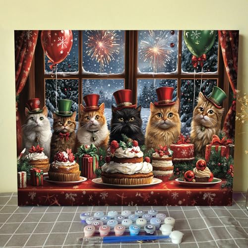 Malen nach Zahlen für Erwachsene, Anfänger, Kätzchen, Weihnachtsmotiv, Ölgemälde-Set auf Leinwand, mit Pinseln und Acrylmalerei, Basteln, Wanddekoration, 40,6 x 50,8 cm (rahmenlos) von Aihonmin
